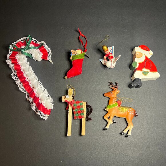 Vintage Lot of 6 Mixed Christmas Ornaments Ribbon Candy Cane, Bird, Santa & Deer - Picture 1 of 7